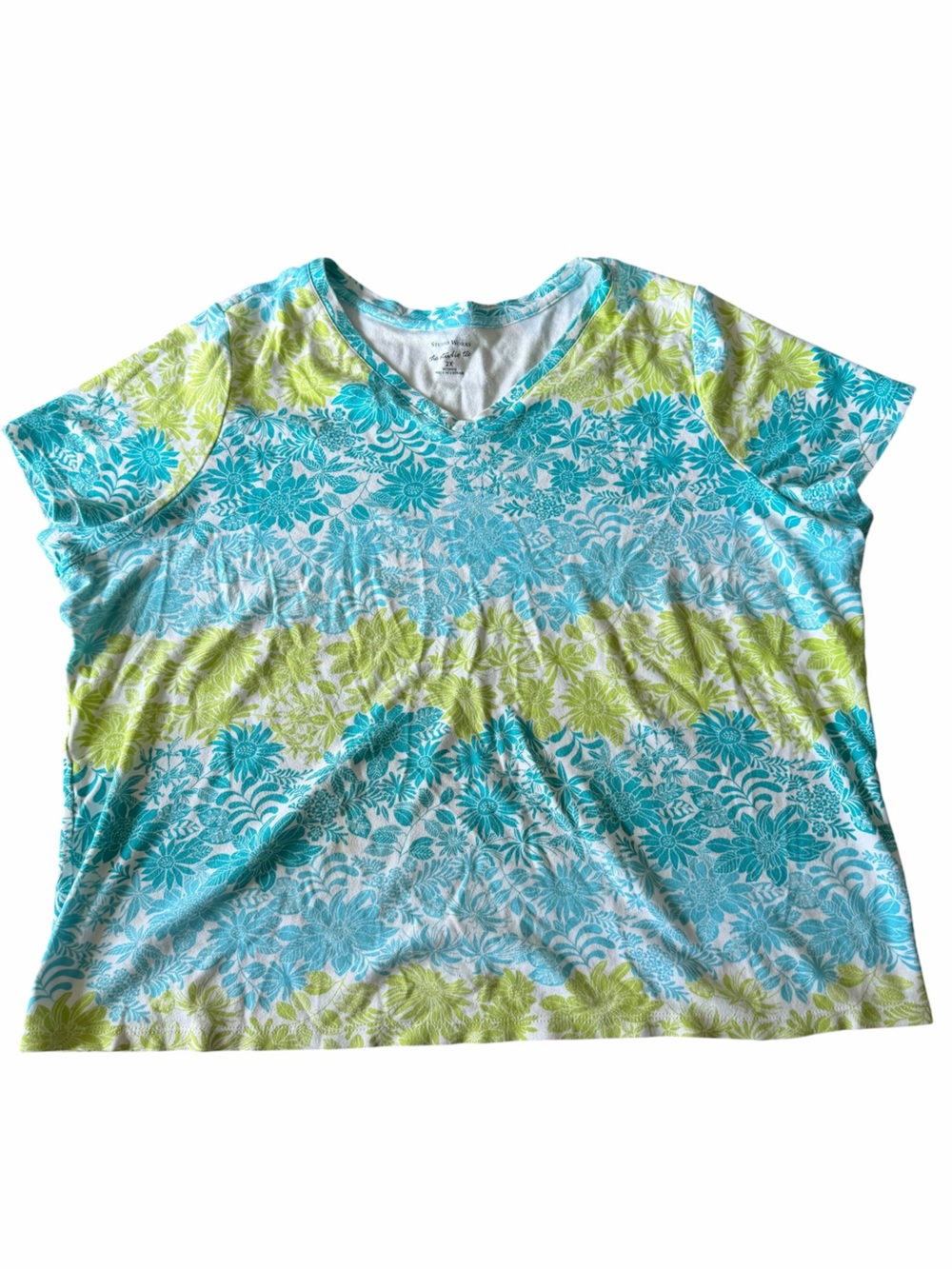 Studio Works Floral V-Neck Short Sleeve Tee - Aqua & Lime